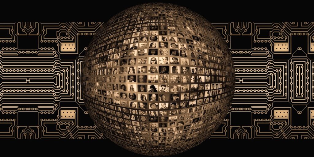 A globe covered in people's profile photos, on a background of circuitry