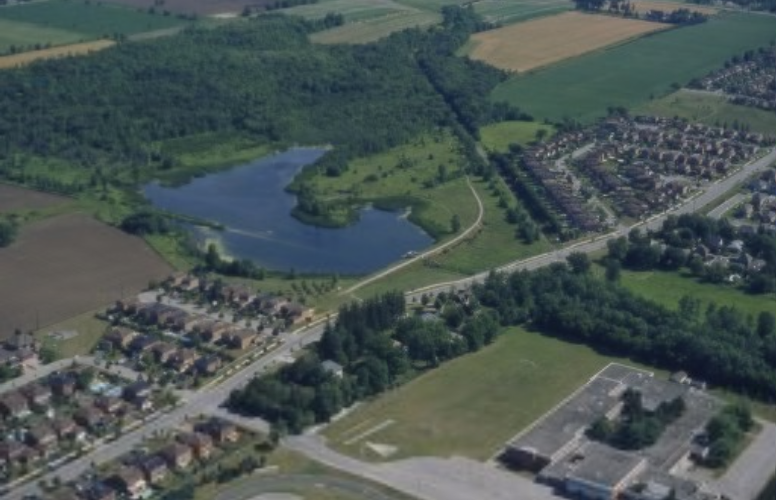 Oblique aerial view of Ponds at Stouffville Conservation Area. [ASC26181]. Lou Wise fonds. Clara Thomas Archives and Special Collections.