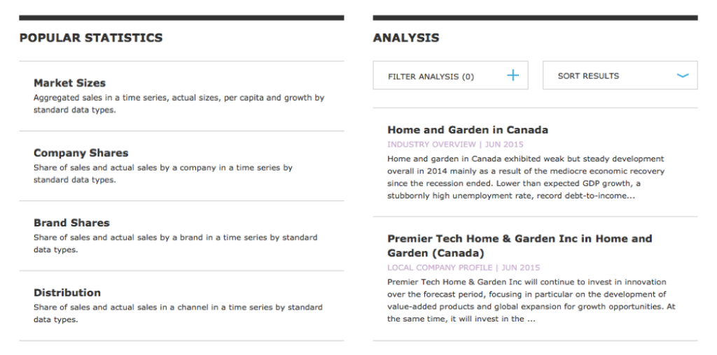 screenshot of the different reports and statistics available in Passport for Home and Garden industry in Canada
