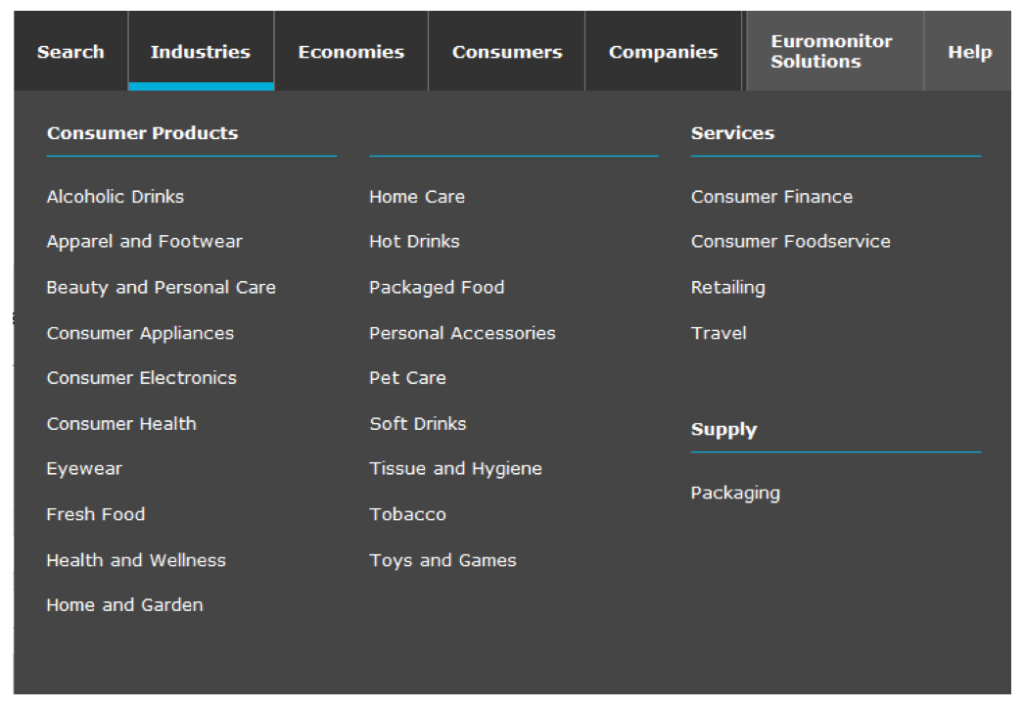 Screen shot of Passport's different industry categories menu