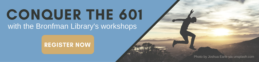 Promotional web banner for the Bronfman Library's 601 workshops