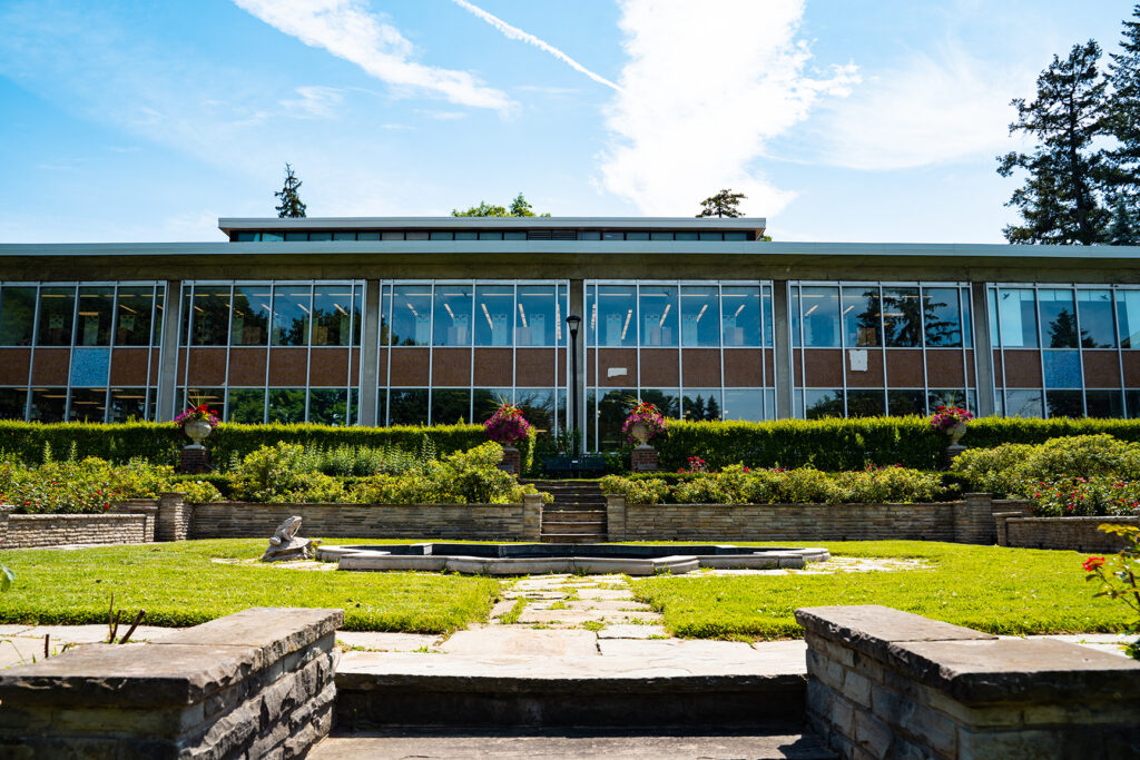 Frost library seen from the Glendon rose garden.