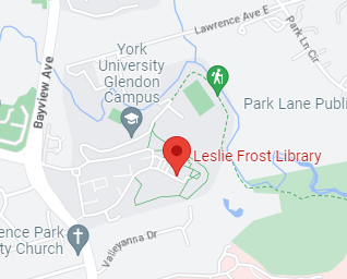 Google map snapshot of Glendon Campus with Leslie Frost Library pin.