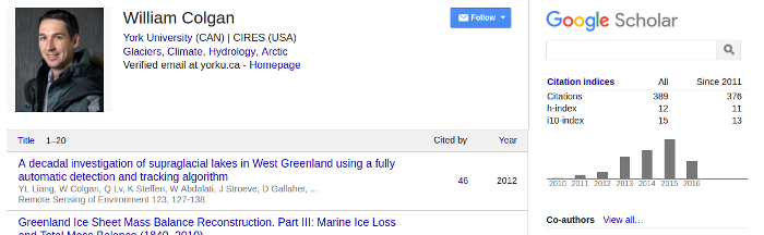 Google Scholar profile of William Colgan (April 2016)