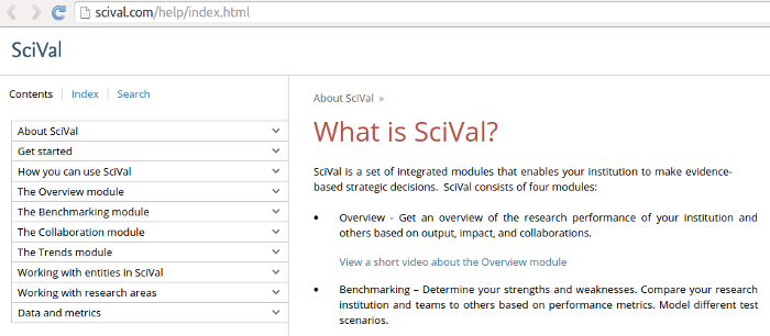 Screenshot of SciVal help page