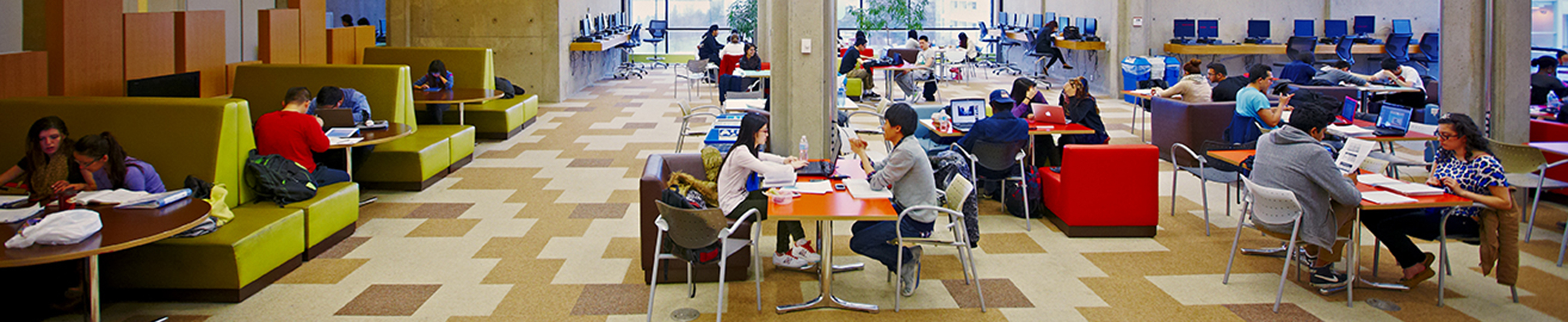 View of the Scott Library Collaboratory with students working and talking - used as a header image for the CCSD website
