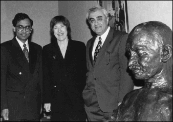 India's Consul General Rajeev Kumar Bhatia, President Lorna Marsden and Board of Governors member Dr. Rasik Morzaria celebrate the gift to York of a magnificent bronze sculpture of Mahatma Gandhi.