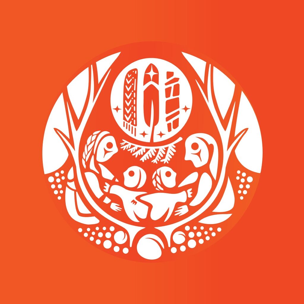 The Survivors' Flag, a circular design featuring symbols of the family, the children, the seeds below ground, a tree of peace, a cedar branch, the Métis Sash, the Eagle Feather and the Inuksuit.